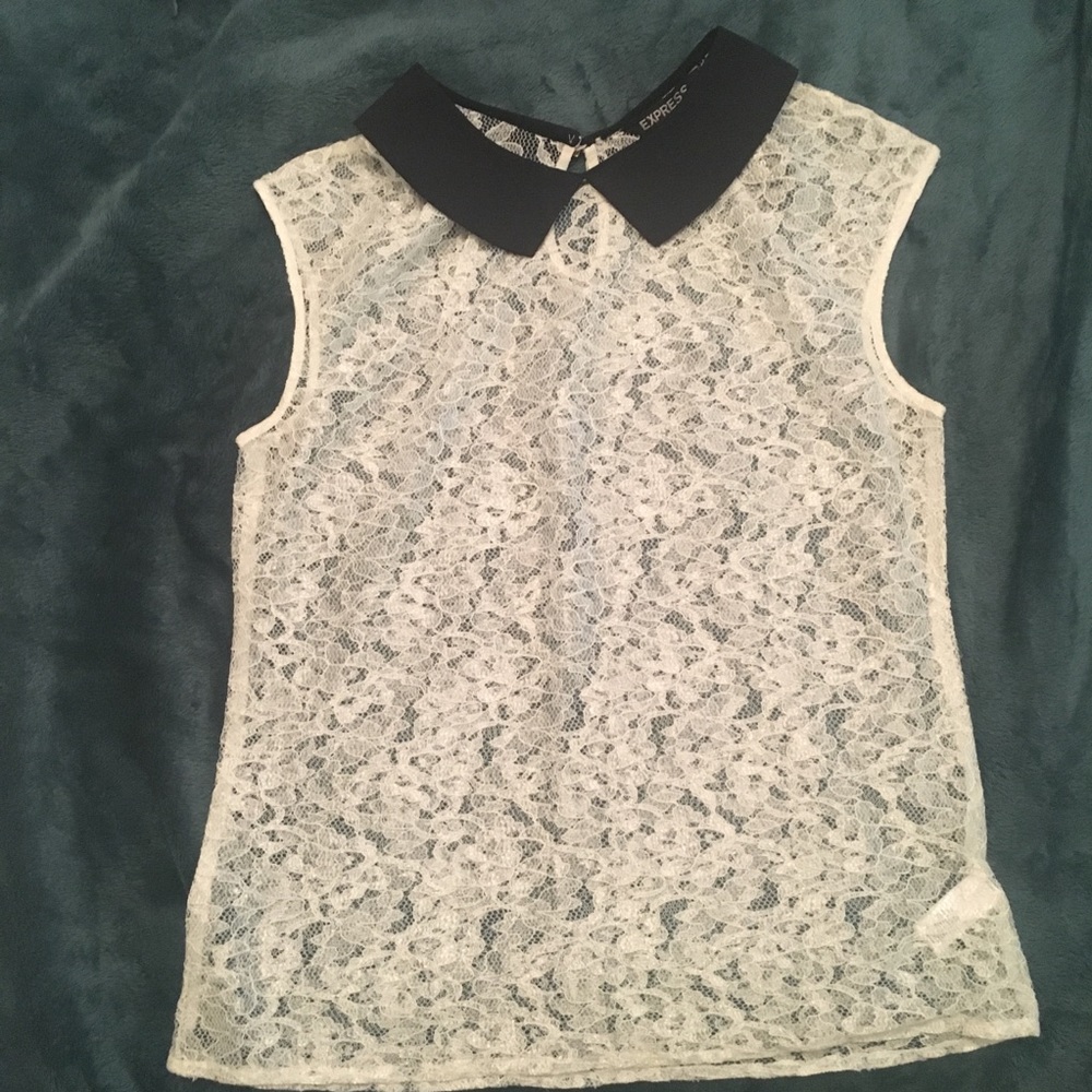 EXPRESS White Lace Top with Black Collar
